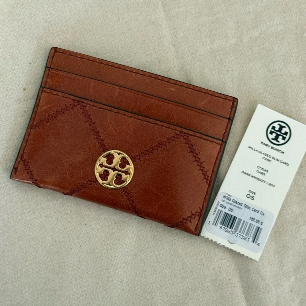 Tory Burch Tan Leather Card Case with Gold Emblem